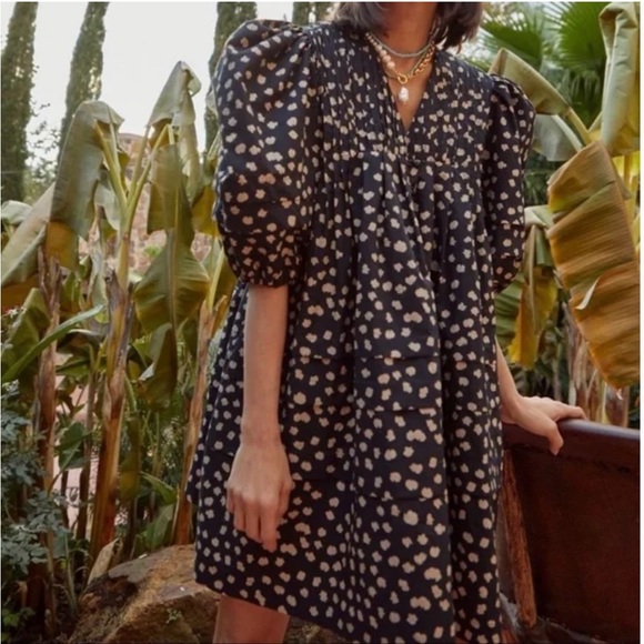 Hunter Bell Jenkins Mini Dress in Desert Poppy Print Puff Sleeves Black Tan Dot - Picture 2 of 14